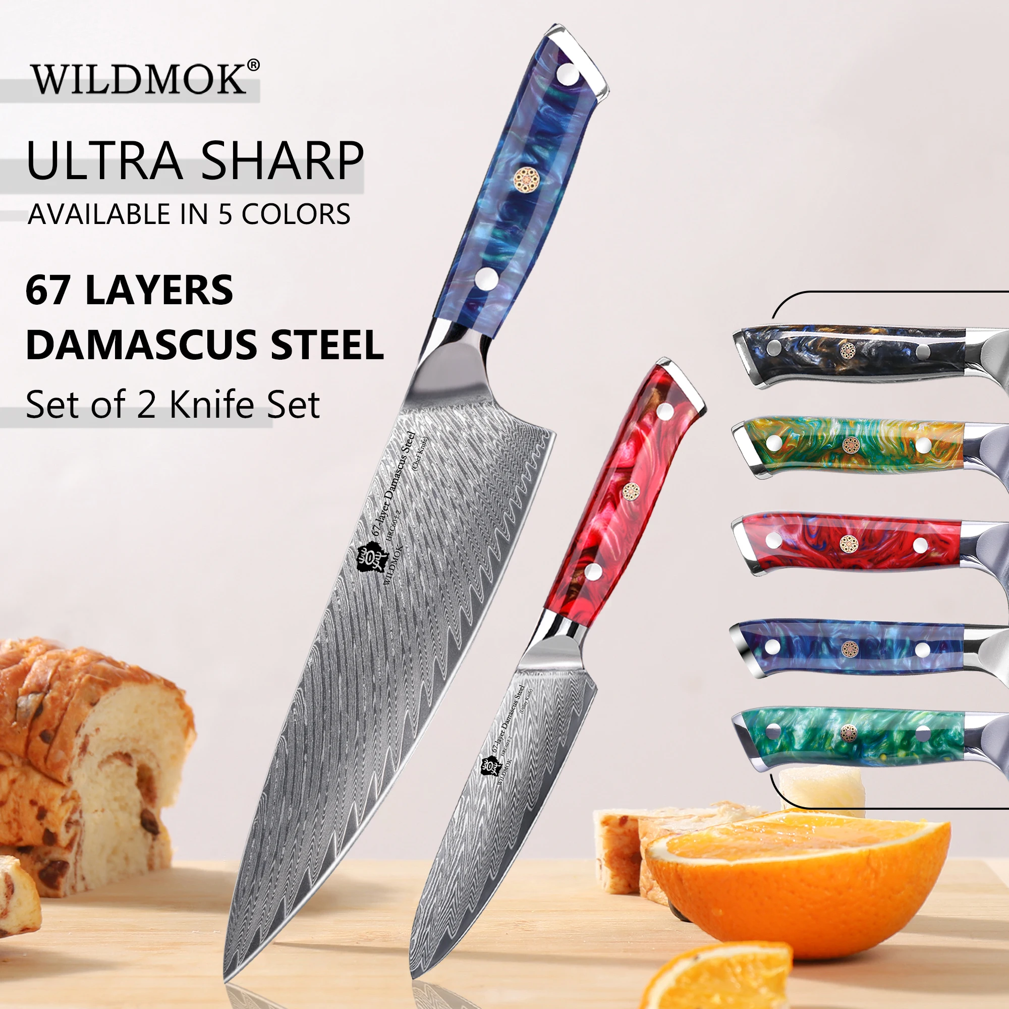 

WILDMOK 2PCS Kitchen Knife Set 67 Layers Damascus VG10 Steel High Carbon Chef Utility Knives -Resin Handle Cooking Tools