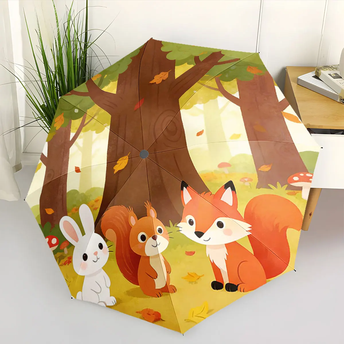 1PC Forest Friends: Rabbit, Squirrel, and Fox Design Print 8 Iron Ribs Folding Umbrella Auto-Open Fashion Sunshade