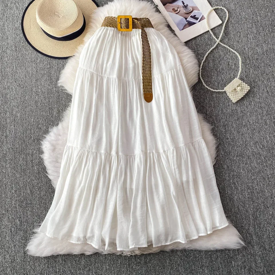 Women's Spring Summer 2026 White Midi A-line Cake Skirts With Sashes