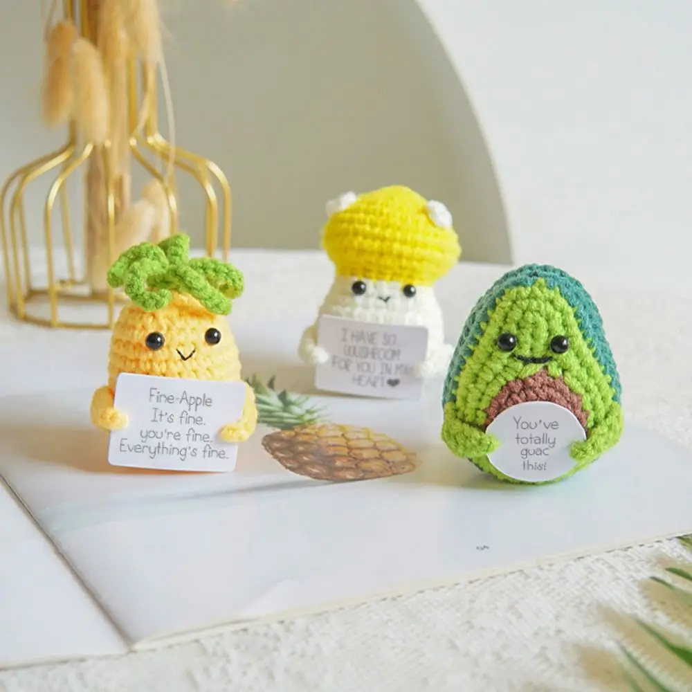 Funny Wool Knitting Doll with Positive Affirmation Card Woven Vegetable Fruit Doll Ornaments Motivational Home Office Decoration