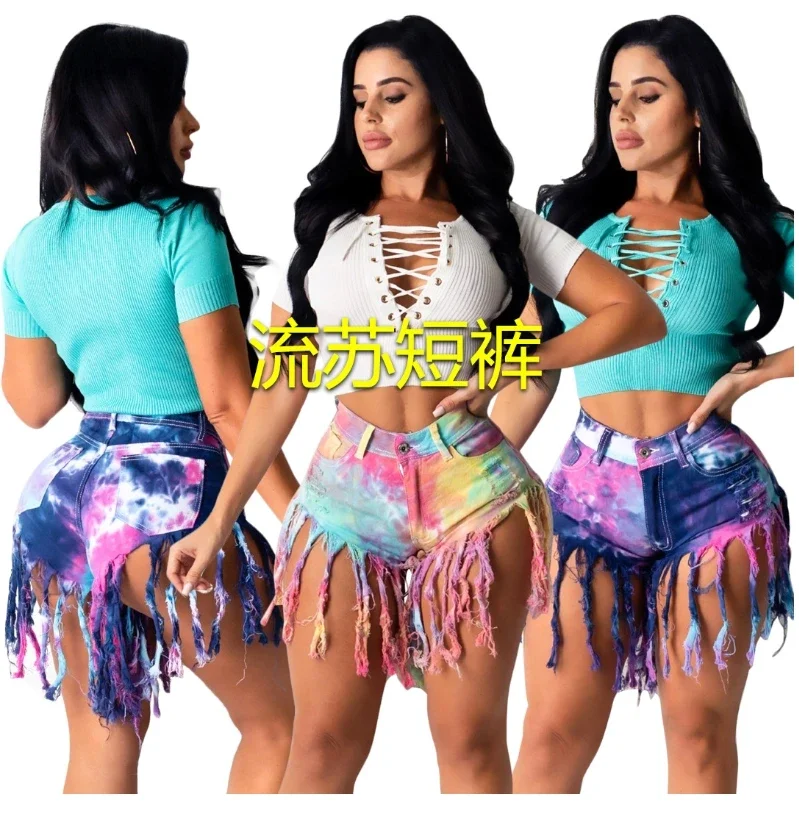 

2025 New Arrival Women Summer Ripped Shorts Jeans Fashion Trendy Tie Dye Denim Shorts Street Hipster Shorts Oversize Clothing
