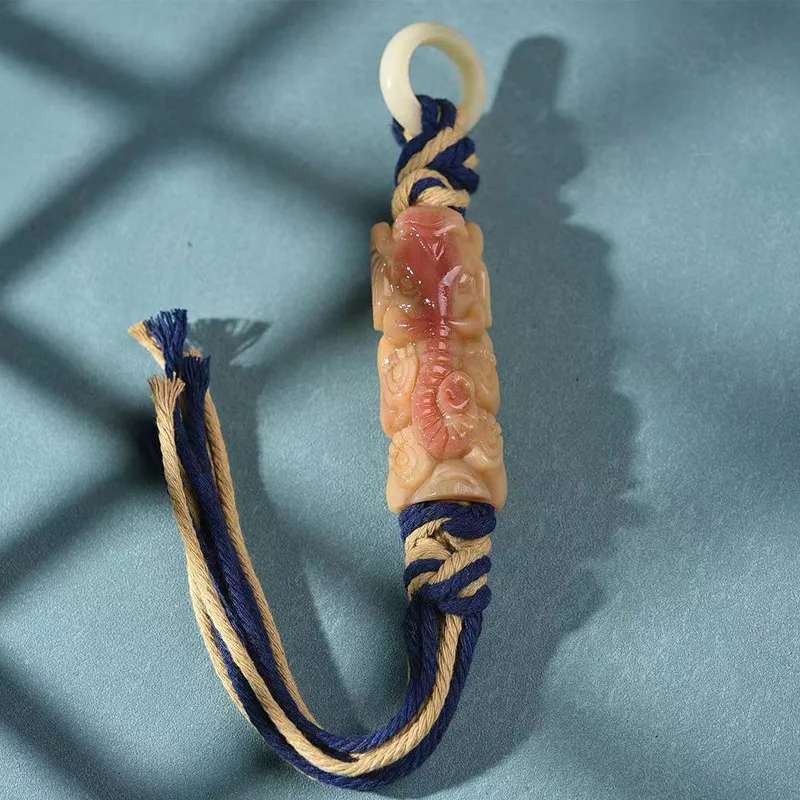 Natural semi-blooded camel bone Ganesha -carved pendant, hand-woven gold-swallowing beast ornament, collectible art piece