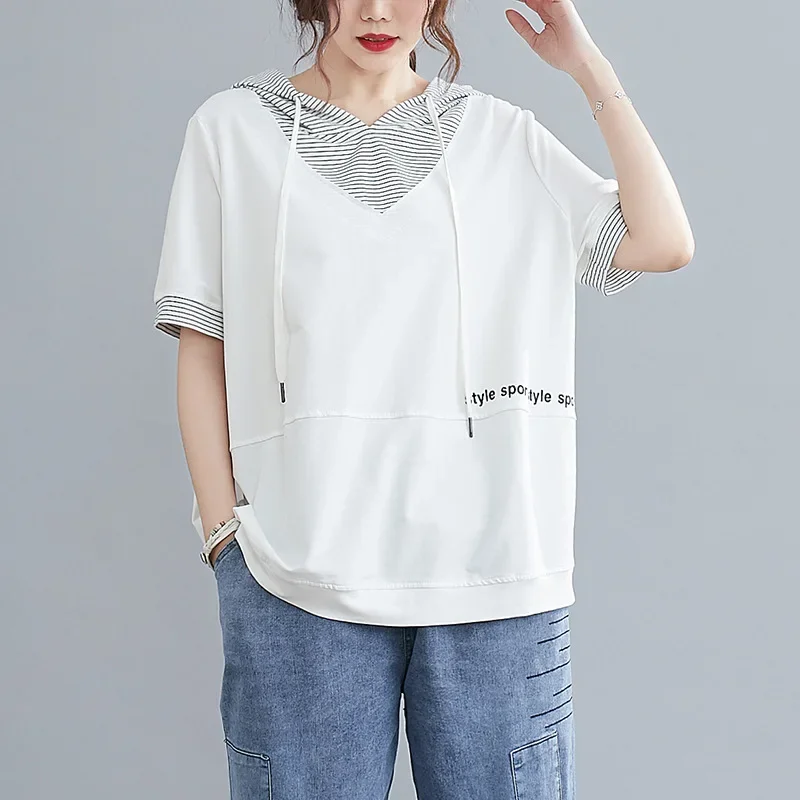 Womens Short-sleeved Hoodies Oversized Korean Loose T-shirt Literary Striped Drawstring Hooded Stitching Printed T-shirt Summer