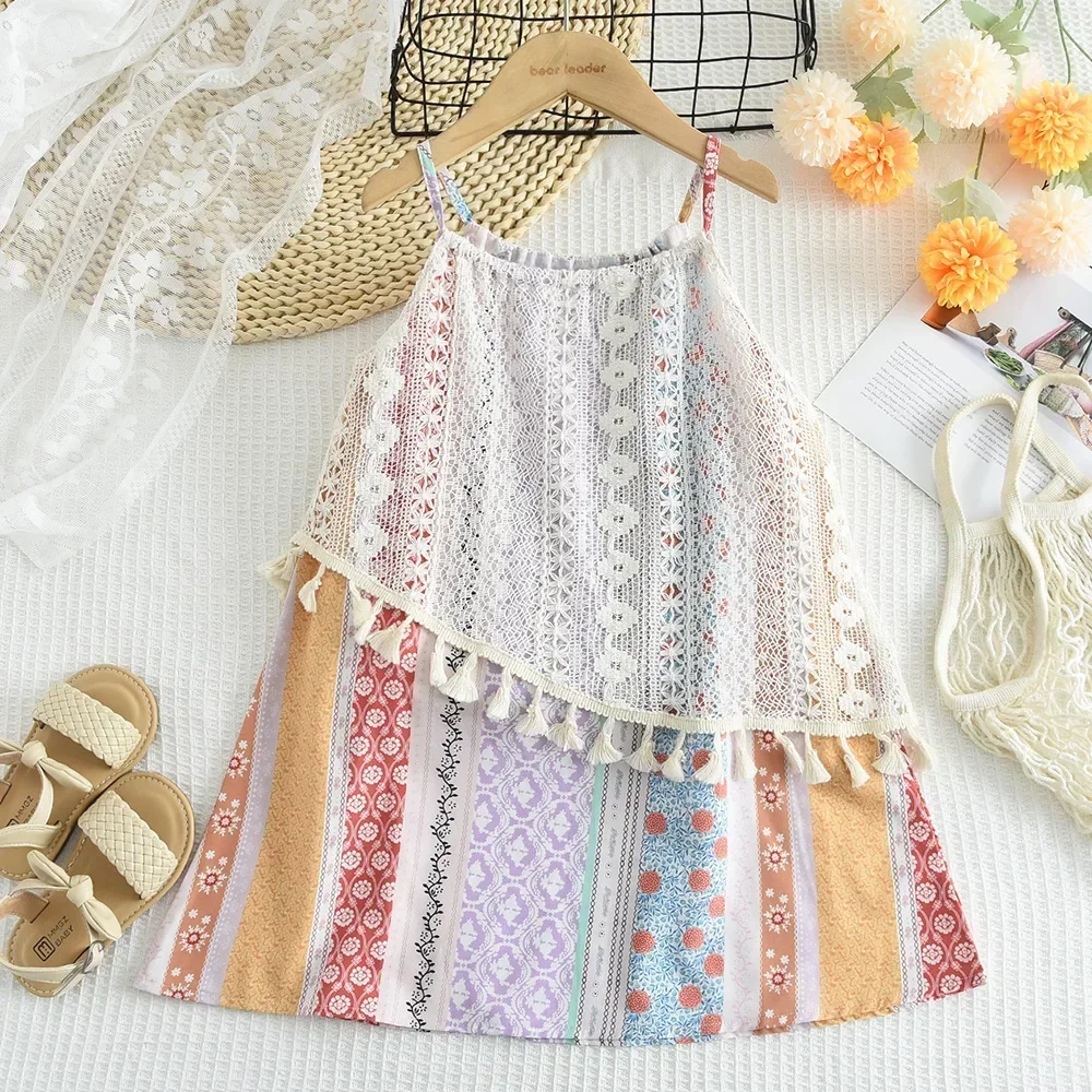 Bear Leader Summer Korean Version Girls Casual Dresses Printed Tassel Suspender Dress Sweet Cute Bohemian Style Kids Clothes