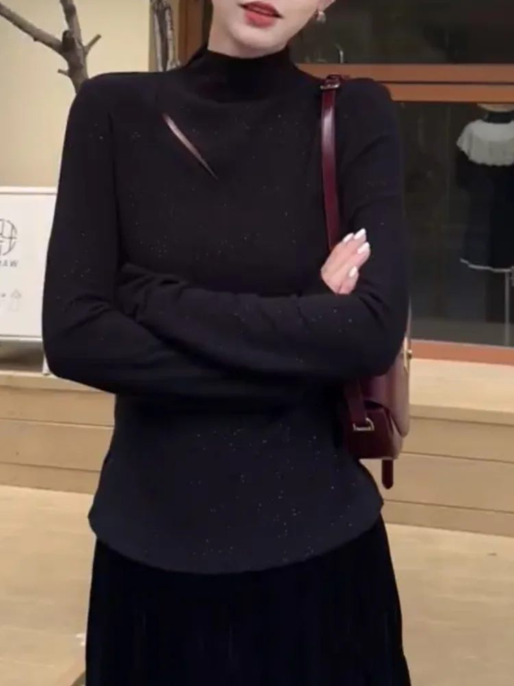 

Модный вязаный ажурный топ большого размера, осенняя новинка, универсальный, длинный, из смесовой ткани, для повседневной носки, в корейском стиле, приталенный крой.