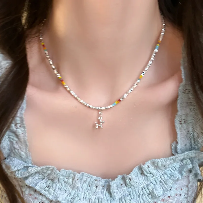 Necklace Beaded Balloon Dog Charm Multicolor Joyful Silver Plated Choker Chain Unique Vintage Jewelry for Women Daily