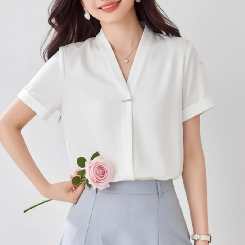 

Office Lady New Summer Women Blouse Shirt White Short Sleeve V-Neck Chiffon Blouse Shirt Women Tops Blusas Para Mujer 2026 Q4224