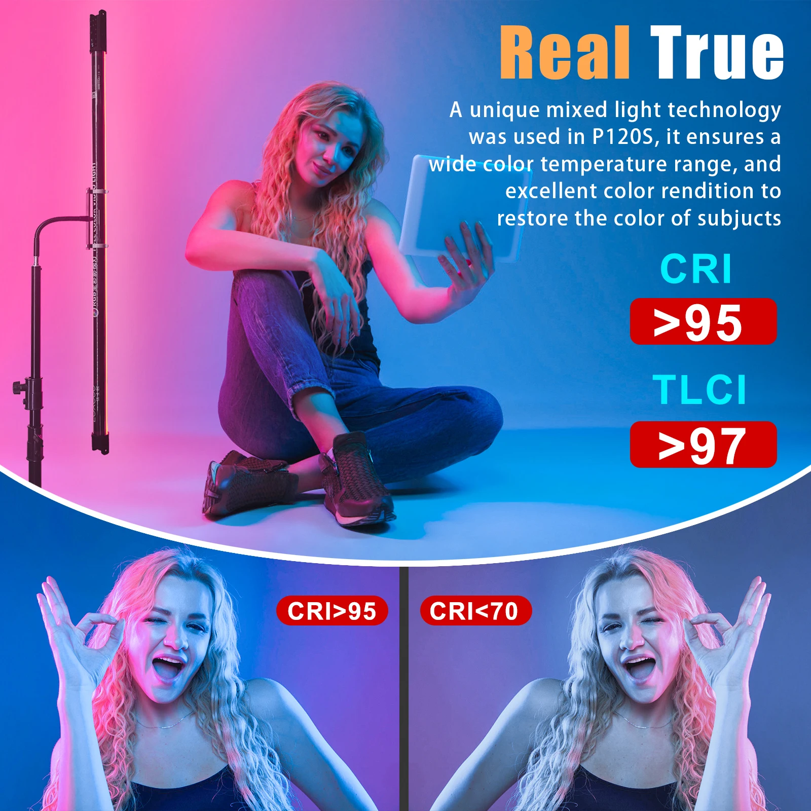 LUXCEO P120S RGB Full Color APP&DMX Light CRI95+ 2000~10000K 3000LM 30W Professional Photography Tube Stick for Photo Film Stage