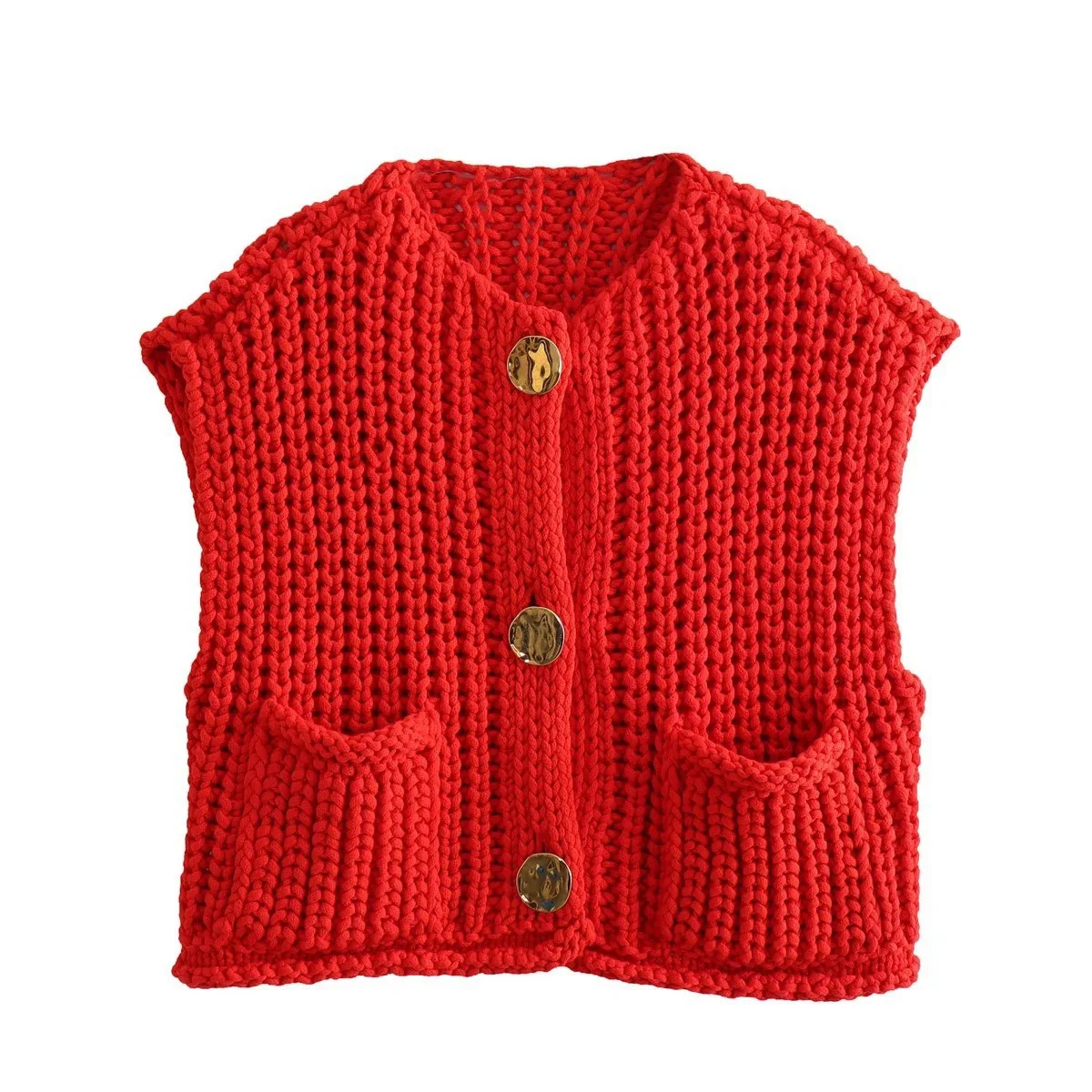 Chunky Knit Top Blue Sweater Vest with Gold Button Pocket Front Round Neck Sleeveless Crop Cardigan Jacket Women Trendy Outfit