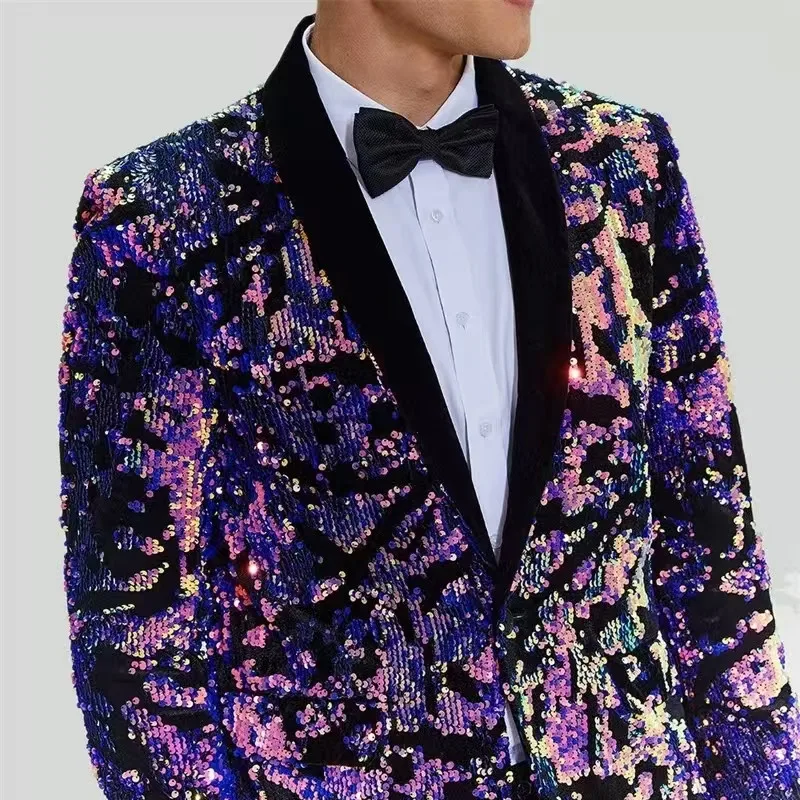 Colorful Purple Velvet Sequin Suit Men\'s Wedding Suits Banquet Host Singer Prom Concert Stage Performance Blazer Pants 2 Pieces