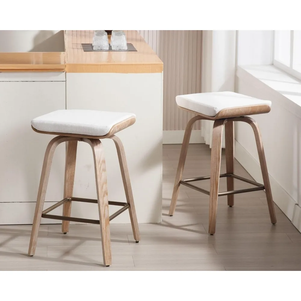 26インチ 回転カウンタースツール カウンター高さバースツール 4個セット 素朴なファームハウス バックレス回転バースツール ベージュ リネンクッション B