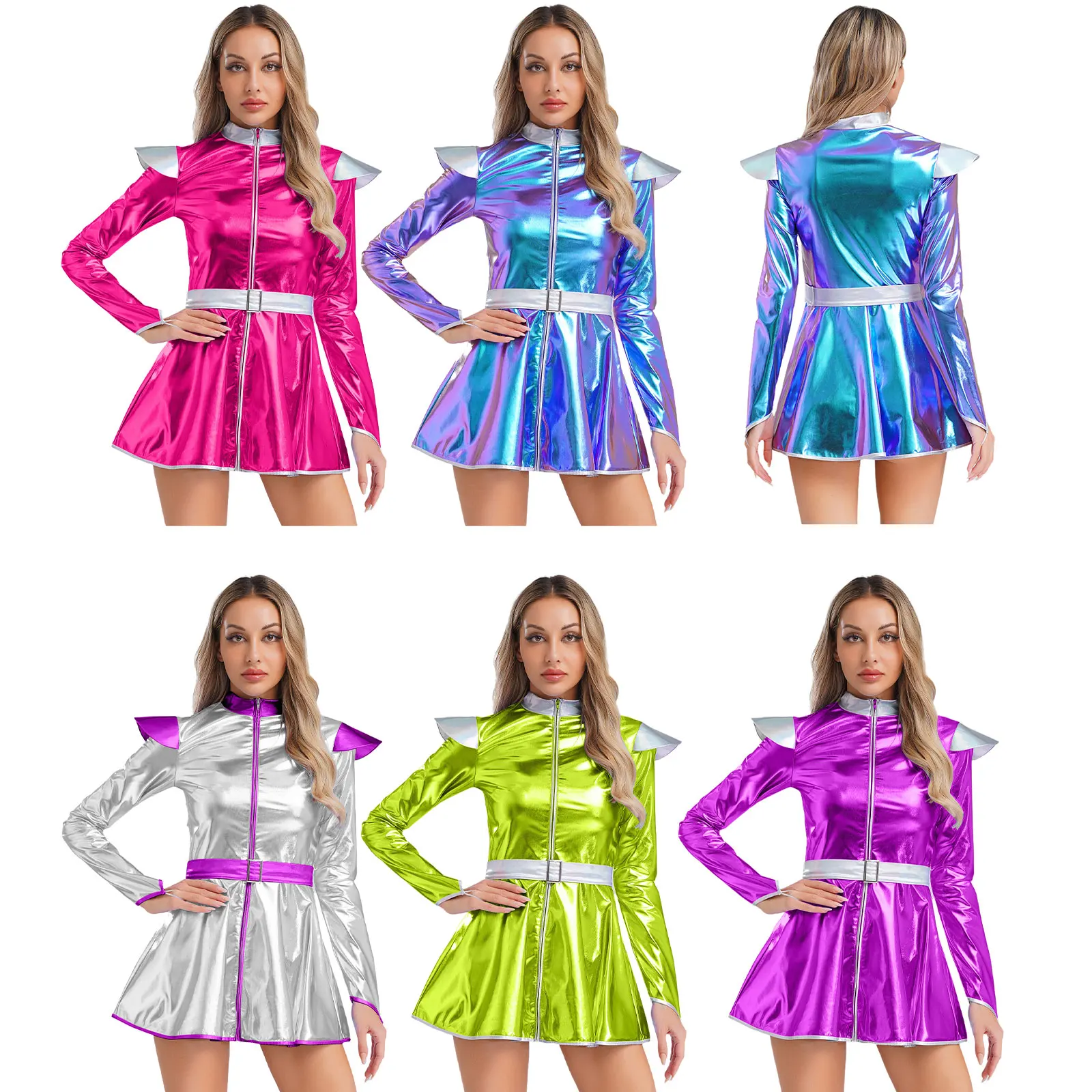 Disfraz de alienígena de Halloween para mujer, vestido acampanado de manga larga con cremallera frontal y cinturón, disfraz de Robot alienígena metálico brillante para espacio exterior
