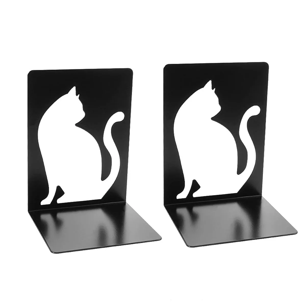 Bookends,Book Ends, Book Ends for Shelves, Heavy Duty Metal Black Bookend Support for Shelves Offices - White Cat