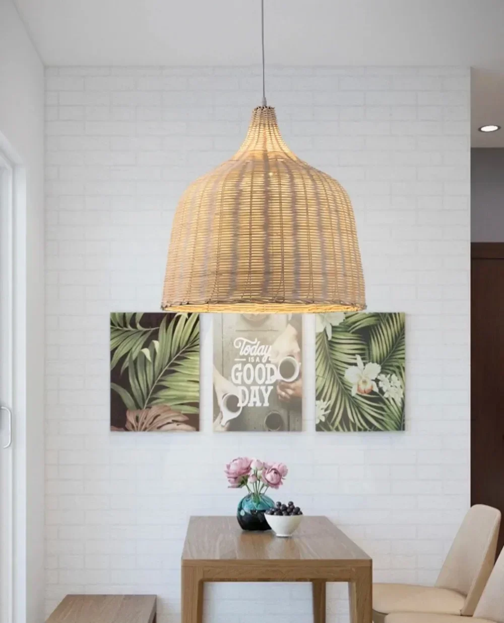 Rustic Rattan Lampshade Woven Rattan Pendant Lamp Wicker Lamp Shade Hanging Cover Lamp Shade for Dining Room Living Room Bedroom