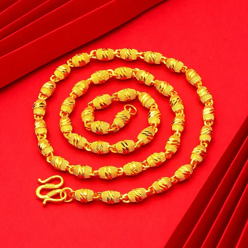 Kryos Jewelry 9999 24K real gold round beads hexagonal square high-end necklace frosted collarbone chain men's and women's gold