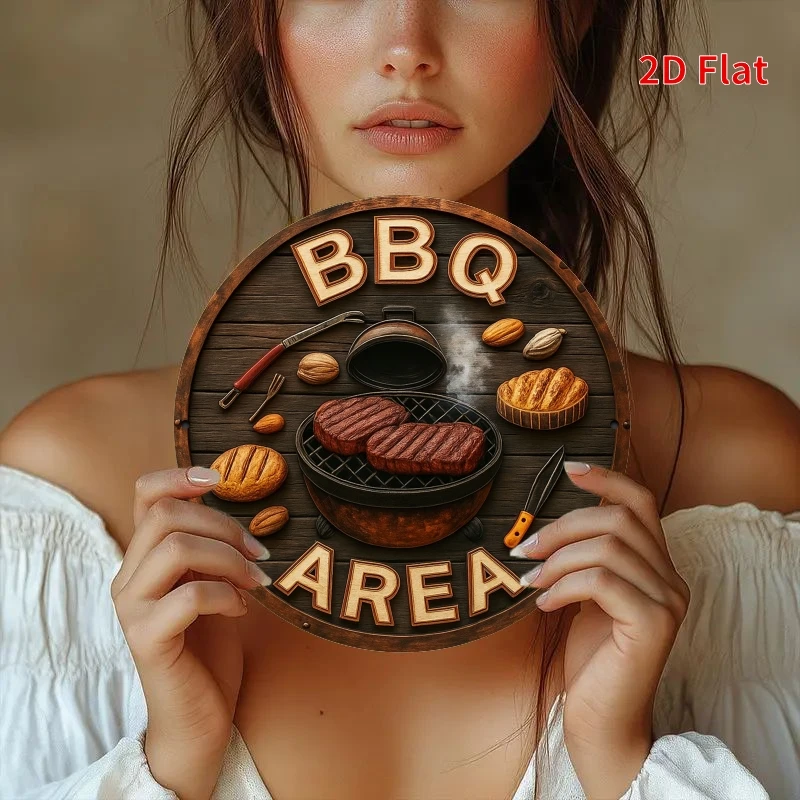 2D Flat, Vintage BBQ Area Sign – Robuste Eisenkonstruktion, Retro BBQ Grill Dekor mit BBQ Tools – 8x8 Zoll Rundschild für