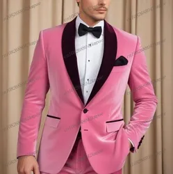 Velvet Men Suit Burgumdy Collar Pink Formal Business Groom Groomsman Wedding Party Prom Male Tuxedos 2 Piece Set Blazer Pants