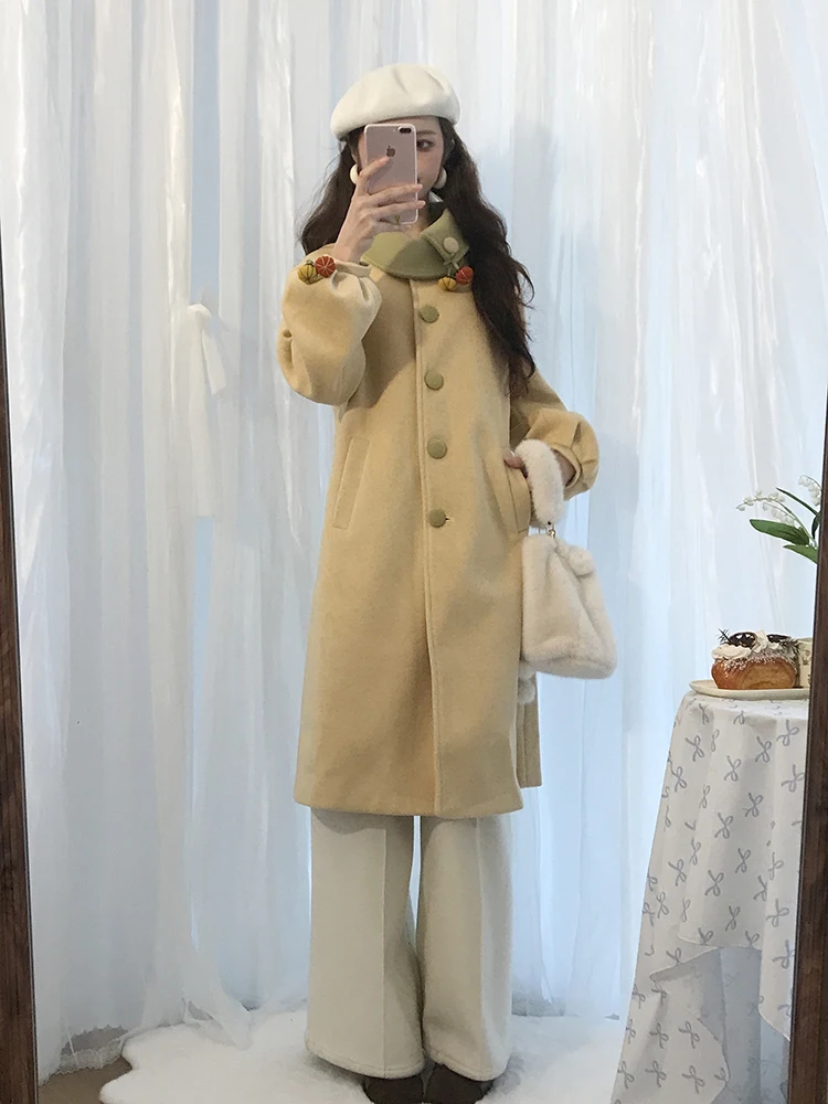 

Retro Color Blo Collar Long Coat Women's Winter New Sle Loose Woolen Jaet Pumpkin Woolen Coat Medium Length Coat