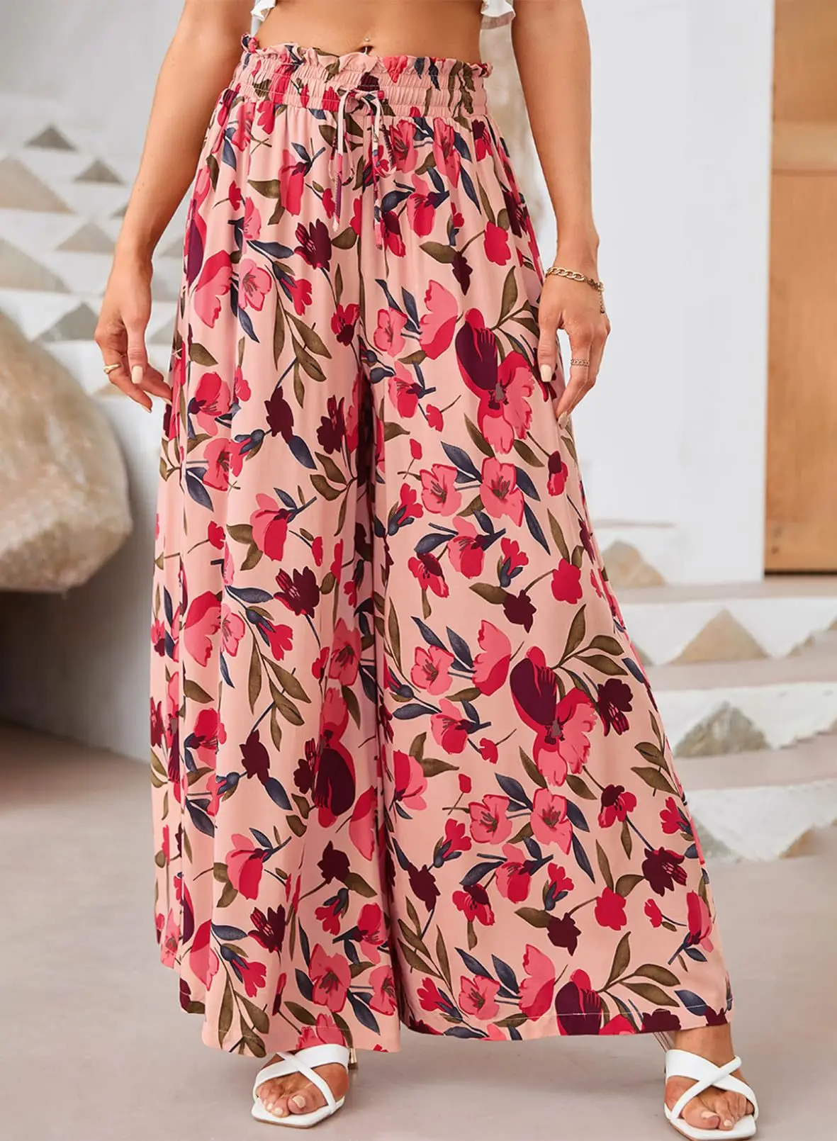 

Multi Styles Women's Pants Trousers Print Flowers Fathion Wide Leg Pants Bottoms Elastic Drawstring Full Length Female 53909