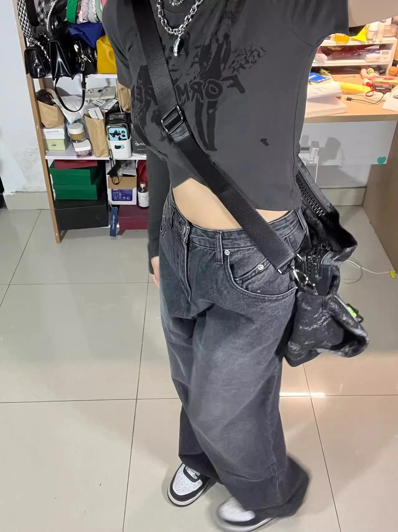 WCFCX STUDIO-Jeans Baggy Preto Vintage Feminino, Cintura Alta, Oversize, Calça de Perna Larga, Calças Jeans, Streetwear, Coreano, Y2K