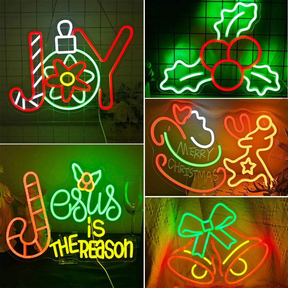 

Christmas Neon Sign JOY Candy Neon Sign Bell Elk Neon Sign Led Light Up Sign For Bar Living Room Home Party Dimmable Lamp USB