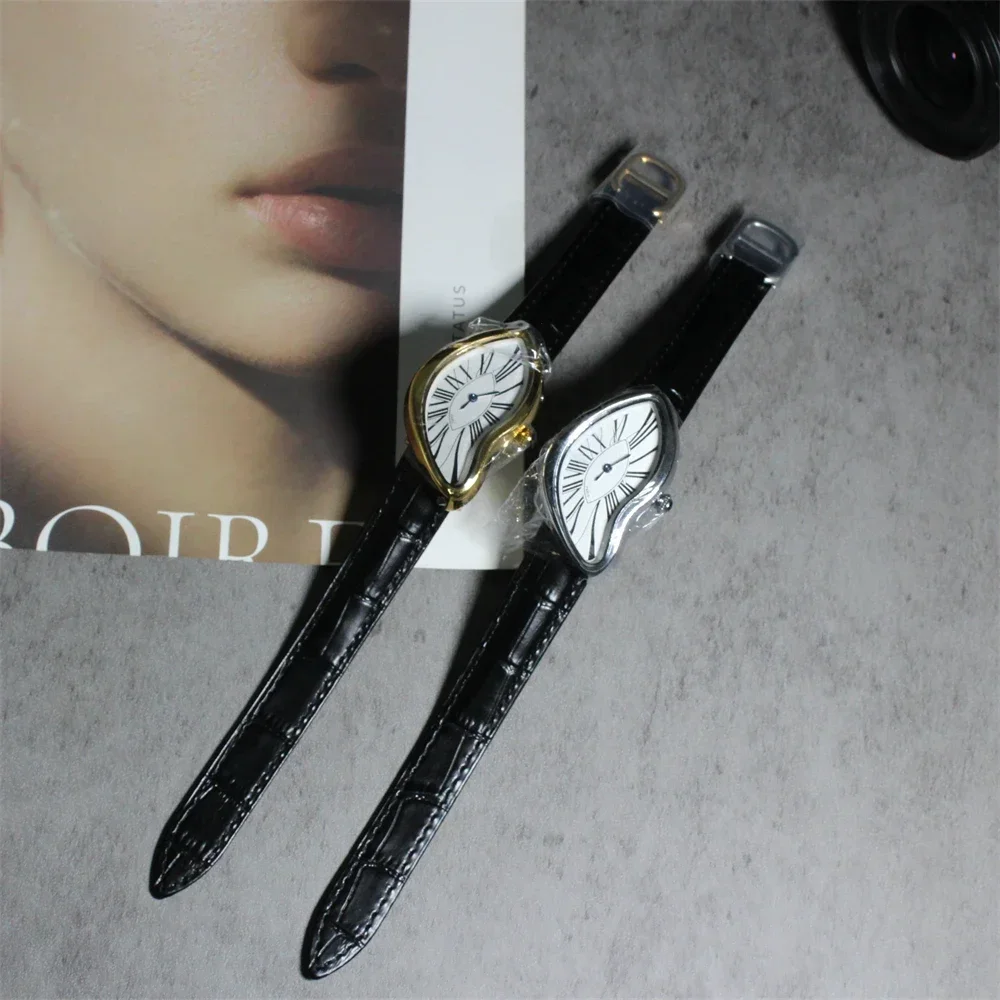 01 New Vintage Quartz Watch with Leather Belt Mouth Shape Melting Crash Women's Watch Distorted Curved  Numerals  Watches