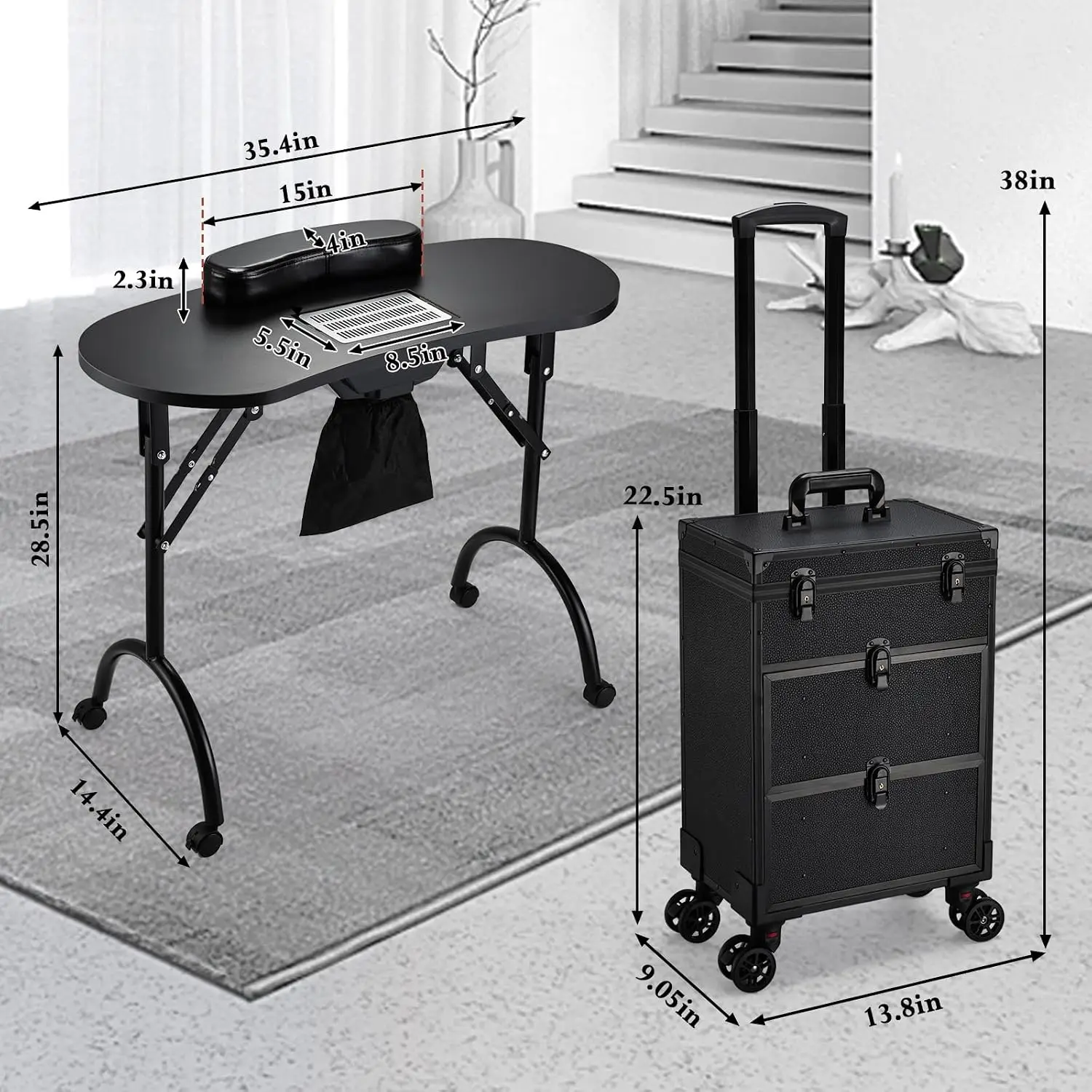 Black Rolling Makeup Train Case Foldable Manicure Table with Electric Nail Dust Collector Extra Large Drawers Salon Trolley Cart