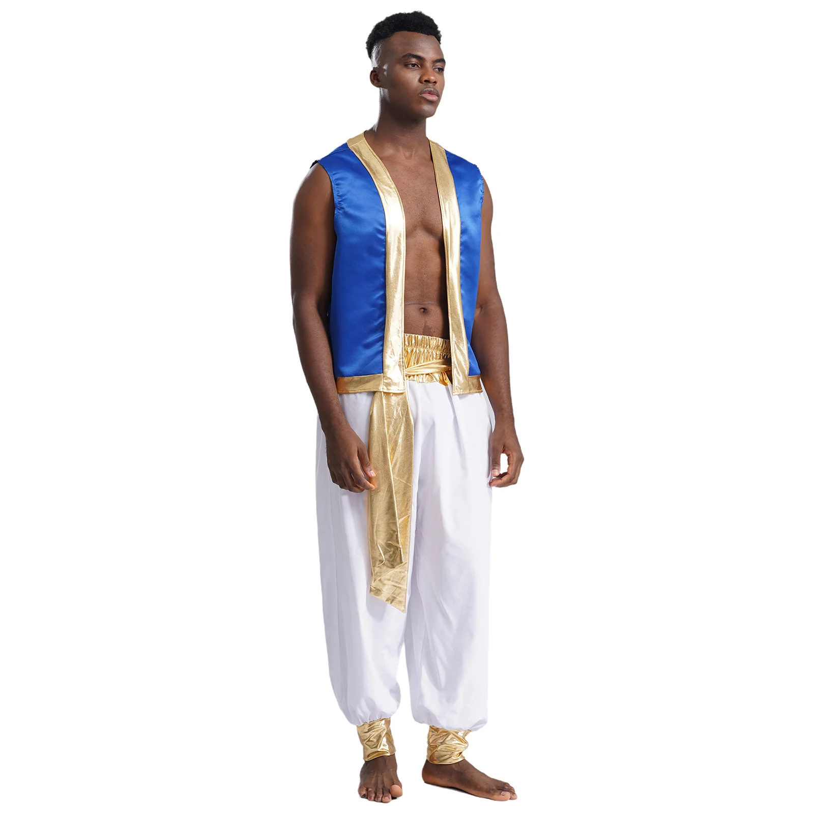 Mens Arabian Prince Costume Aladin Captain Cosplay Outfits Metallic Shiny Trim Open Front Glitter Vest with Belted Long Pants