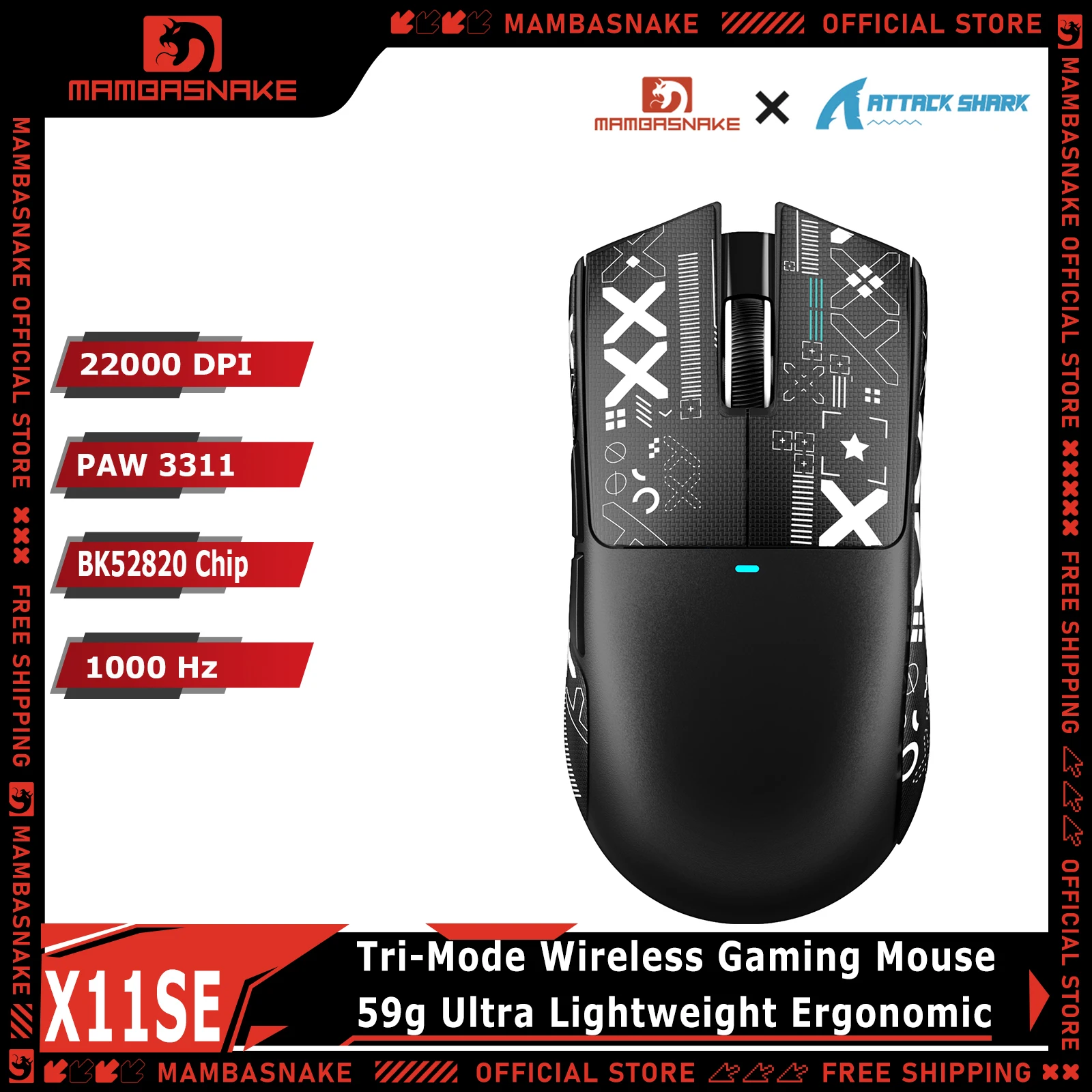 ATTACK SHARK X11SE Tri-Mode 2.4G Wireless Gaming Mouse PAW3311 22000DPI 59g Ultralight 1000Hz Polling Rate Ergonomic For PC