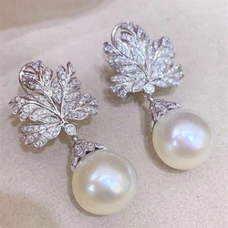 Huitan Delicate Leaf Pendant Earrings Female Engagement Jewelry Simulated Pearl and Brilliant Zirconia Accessories for Wedding