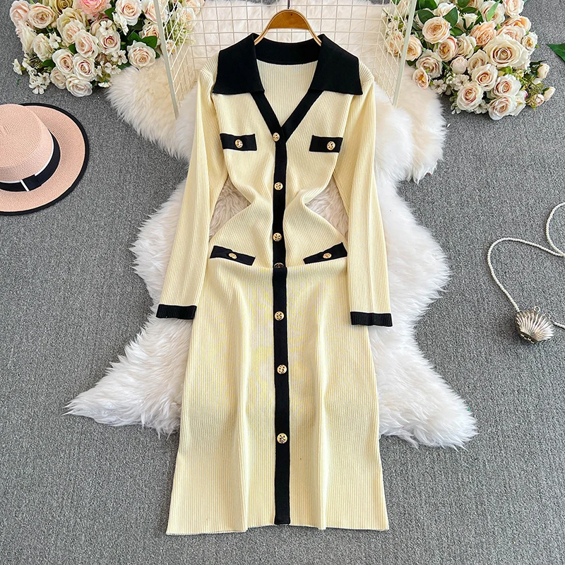 EVNISI Women Casual Knit Dress Pocket Polo Collar Chic Office  A-line Dresses Long Sleeves For Women Party Vestido Spring