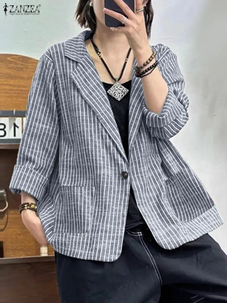 Fashion Women Blazer Suits ZANZEA Autumn Vintage Striped Coat Jackets Lapel Neck Long Sleeve Tops Casual Button Thin Outwears