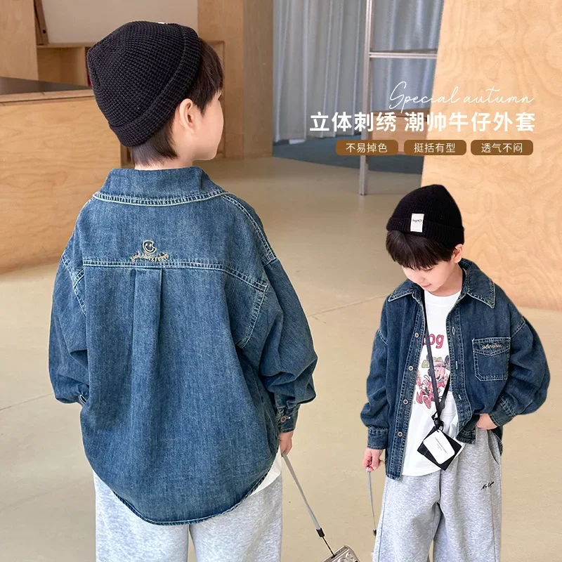 Children Clothes 2024 Autumn Handsome Embroidered Letter Denim Coat Loose Long Sleeve Fashionable Boys Cool Casual Coat Top