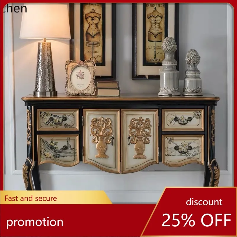 

YFY Solid Wood Sideboard Carved Living Room Entryway Console Vintage Accent Table Wall Cabinet