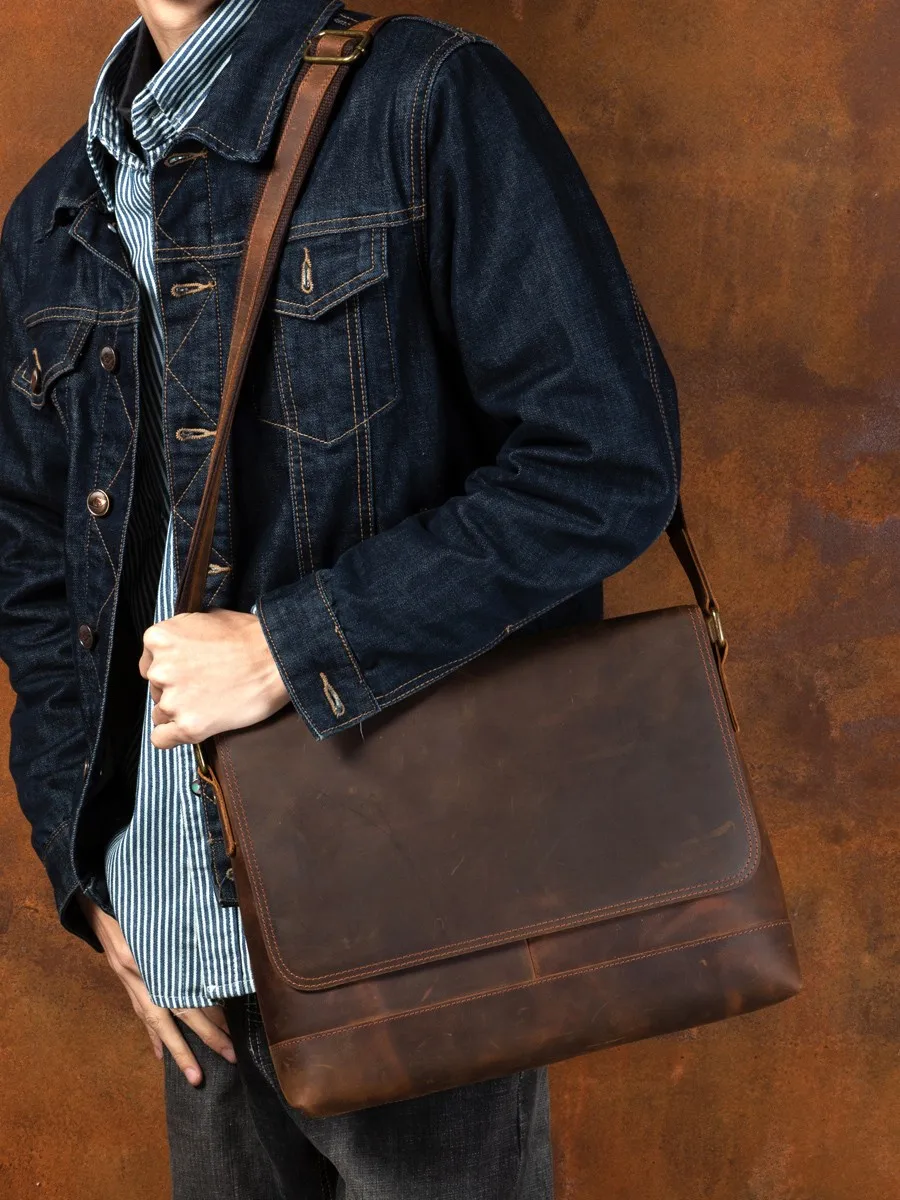 Retro crazy horse leather men's bag casual leather horizontal shoulder bag handmade postman Baotou leather crossbody bag