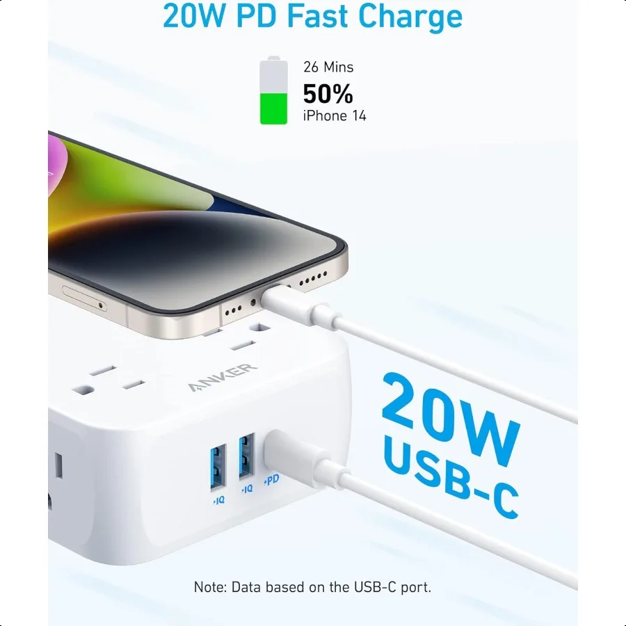 شريط طاقة أنكر مع منافذ USB 5Ft عرام حامي 2000J 8 موسع منفذ واسع 2 منفذ USBA ومنفذ USBC واحد يعمل مع iPho