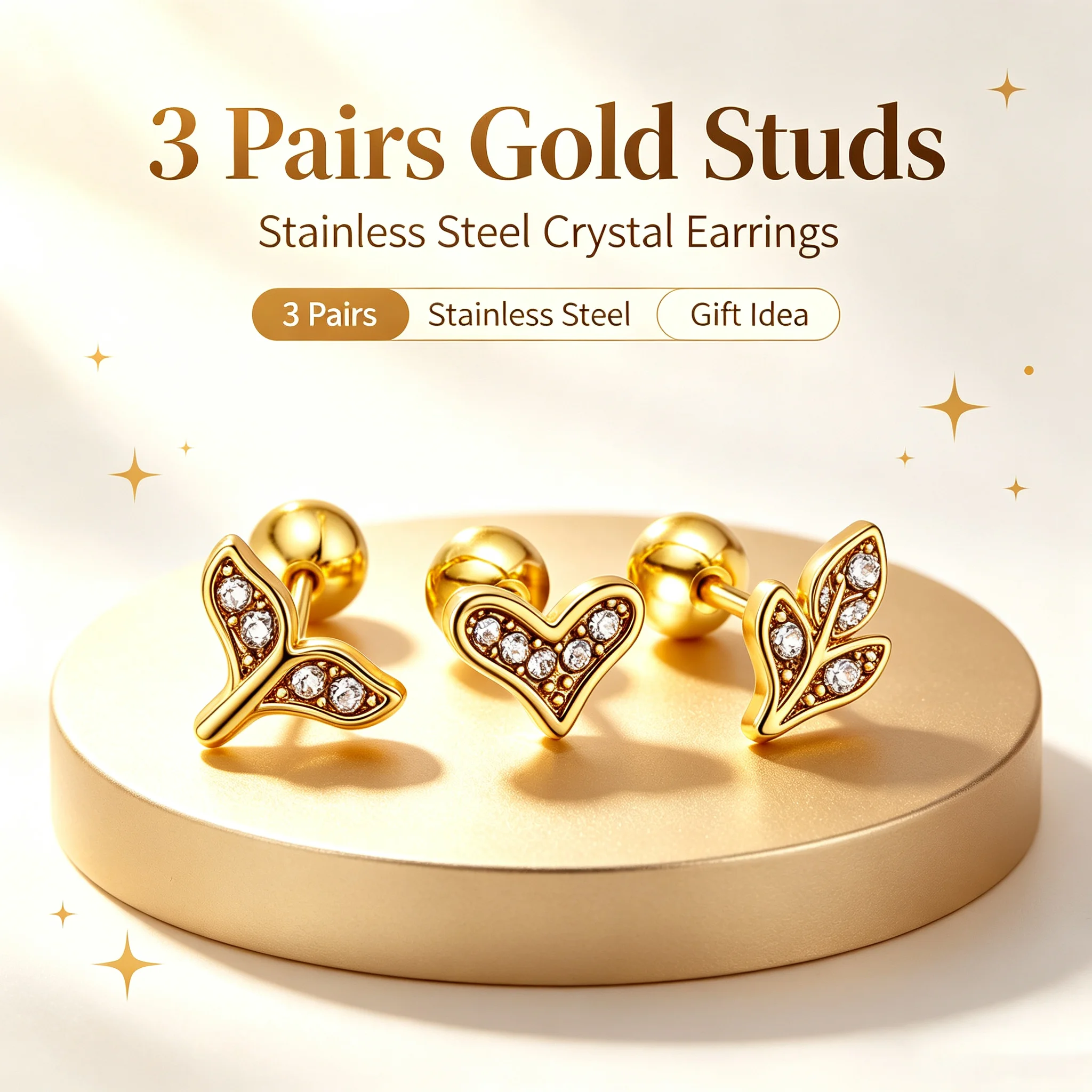 3 Pairs Gold Screw Back Stud Earrings Set, Stainless Steel Crystal Leaf Heart Shape Piercing Earrings For Women Daily Jewelry