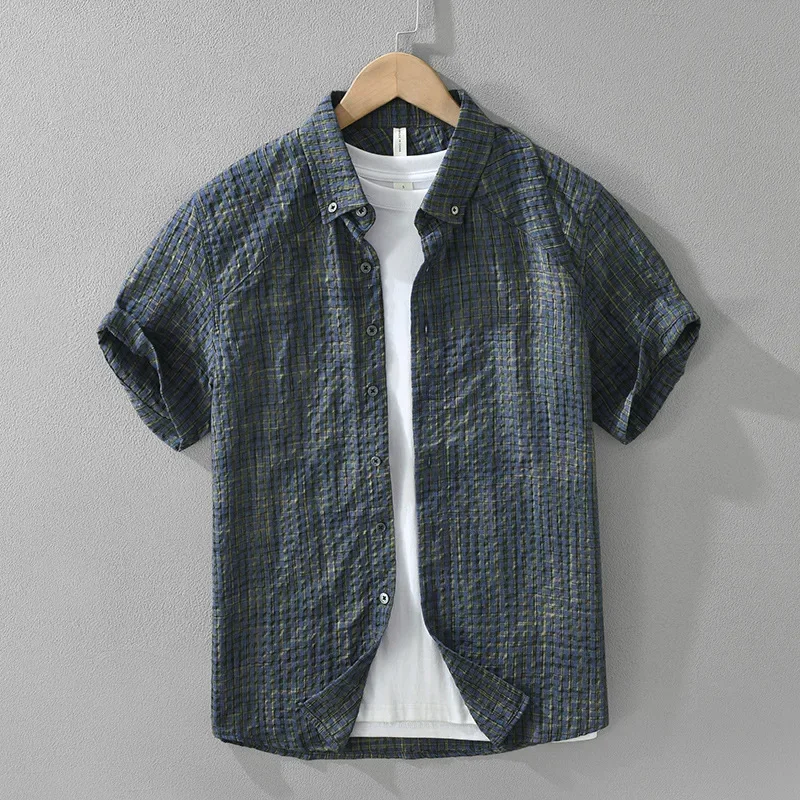 

2026 Summer New Casual Plaid Short Sleeve Shirt for Men Clothing Slim Turn-down Collar Shirts