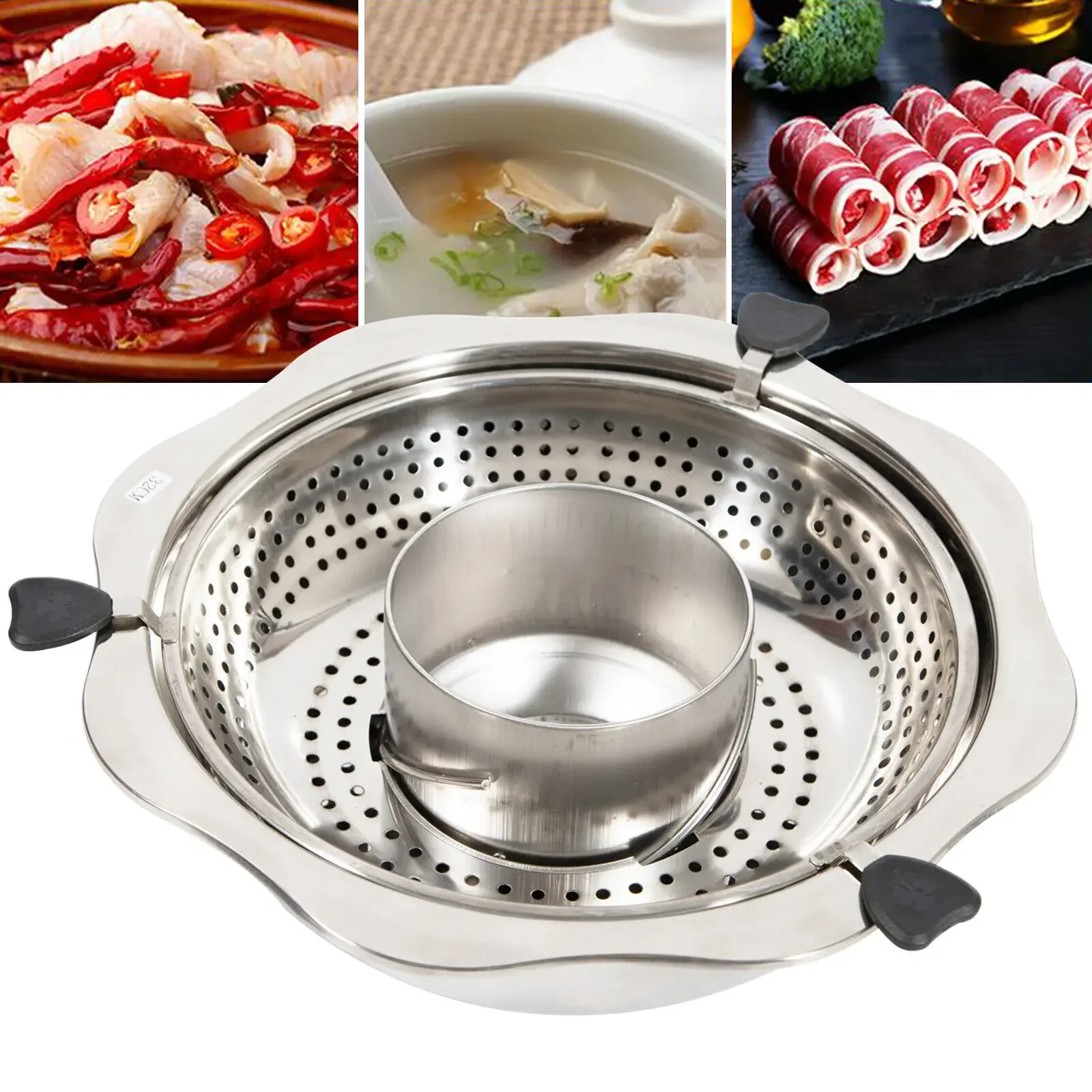 Destacável aço inoxidável Shabu Hot Pot, barco a vapor rotativo, dupla camada, novo