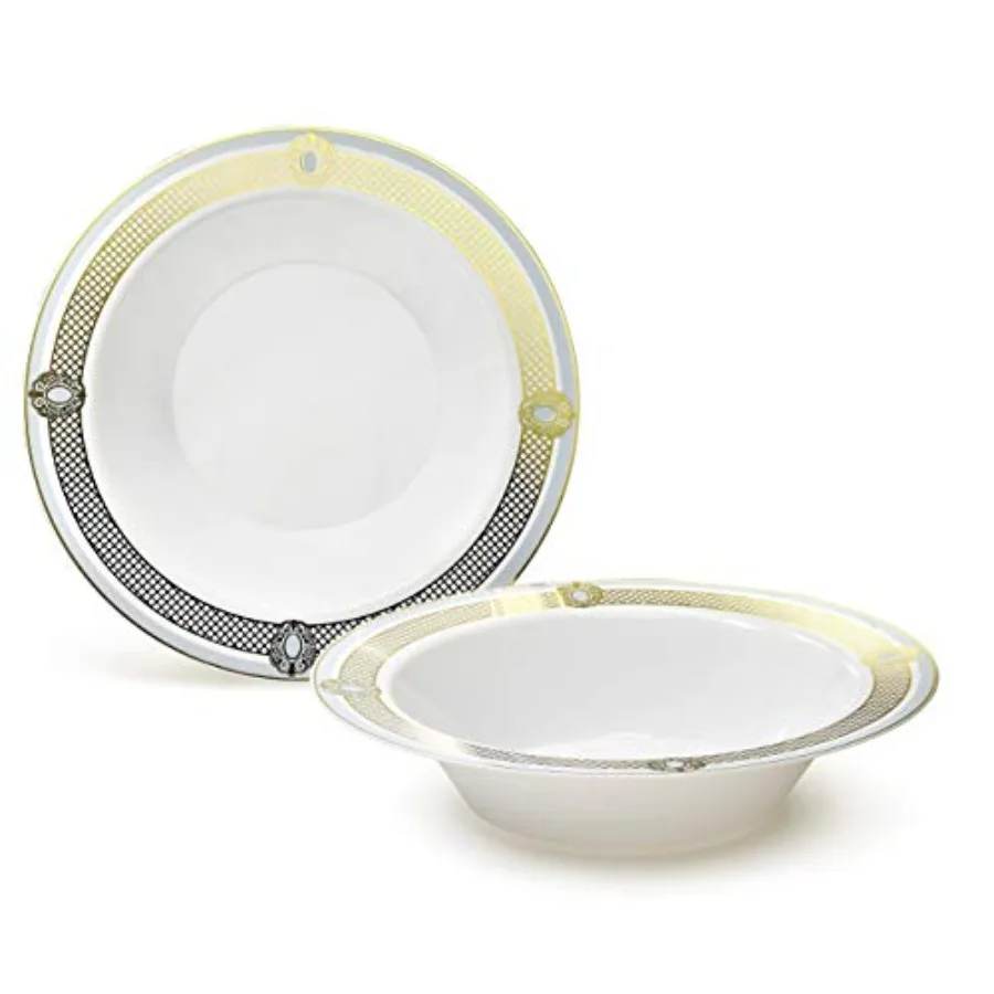 OCCASIONS"40 Pieces Plates Pack, Disposable Wedding Party Plastic Bowls 12oz Soup Bowl, Royal in White/Blue and Gold
