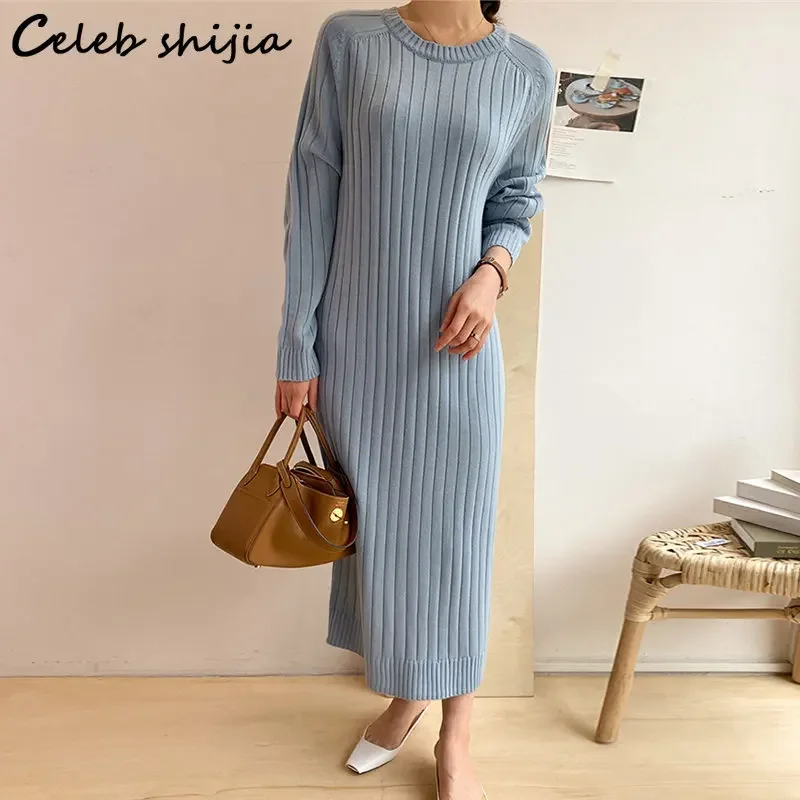 

Blue Knitted Dress for Women Thicken Autumn Raglan Sleeve Long Knitwear Harajuku Style Loose Thicken Cashmere Jumper Winter