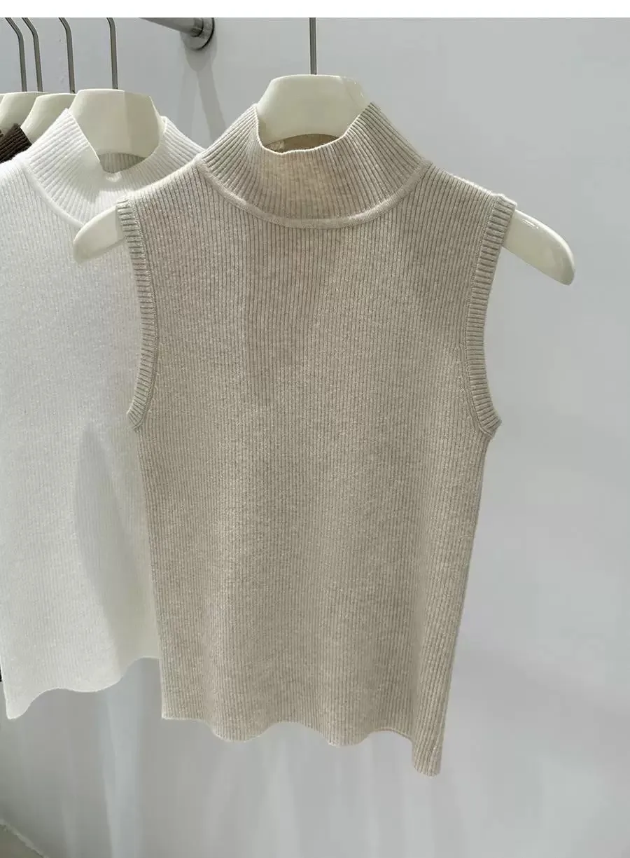 AOSSVIAO 2026 Sommer Neu Mock Neck Ärmellos Damen Strickpullover Slim Fit Basic Sweater Tank Top Vielseitige Innenbekleidung – Detail 3