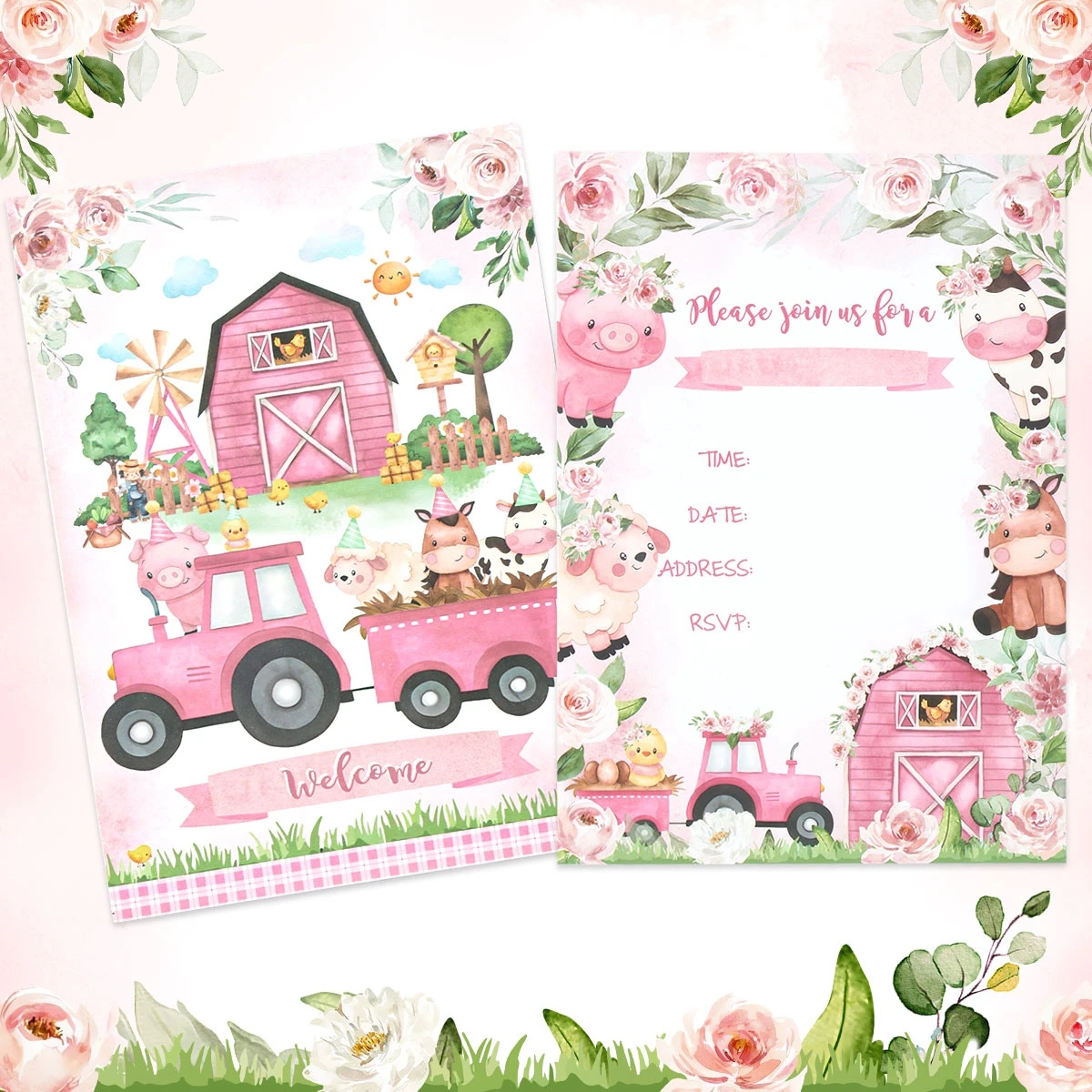 Çiftlik hayvan davetiyesi teşekkür ederim kart pembe çiftlik parti malzemeleri mutlu doğum günü kızlar hediyeler zarf bebek duş parti süslemeleri