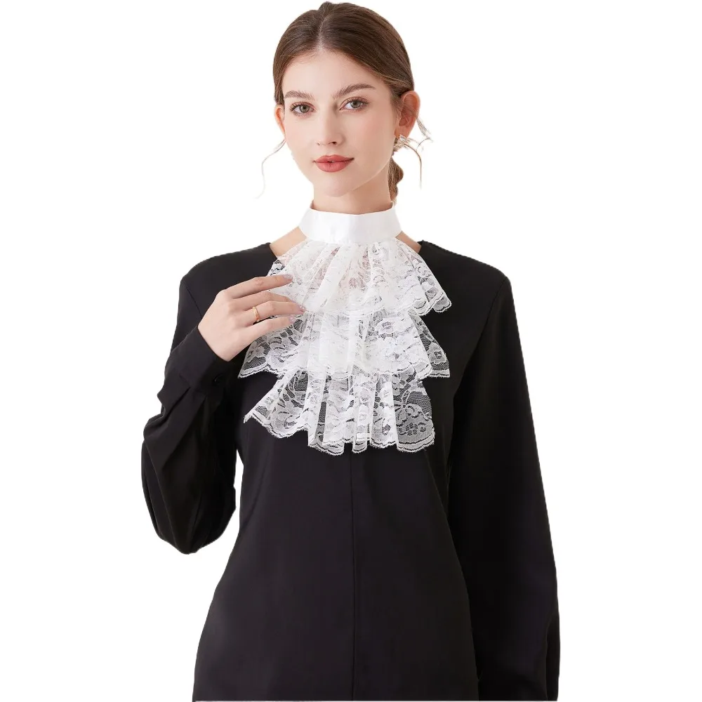 Cuello Jabot de Encaje Victoriano de Moda, Cuello Falso Desmontable de Color Sólido, Cuello con Volantes, Accesorio de Disfraz para Actuaciones Escénicas