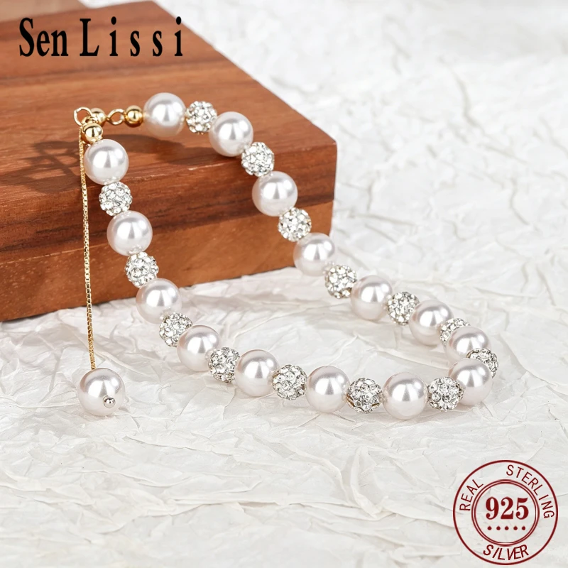 Senlissi-S925 Sterling Silver Japanese White Pearl Bracelet Shiny Zircon Beads Chain Elegant Women Daily Wrist Jewelry Gift