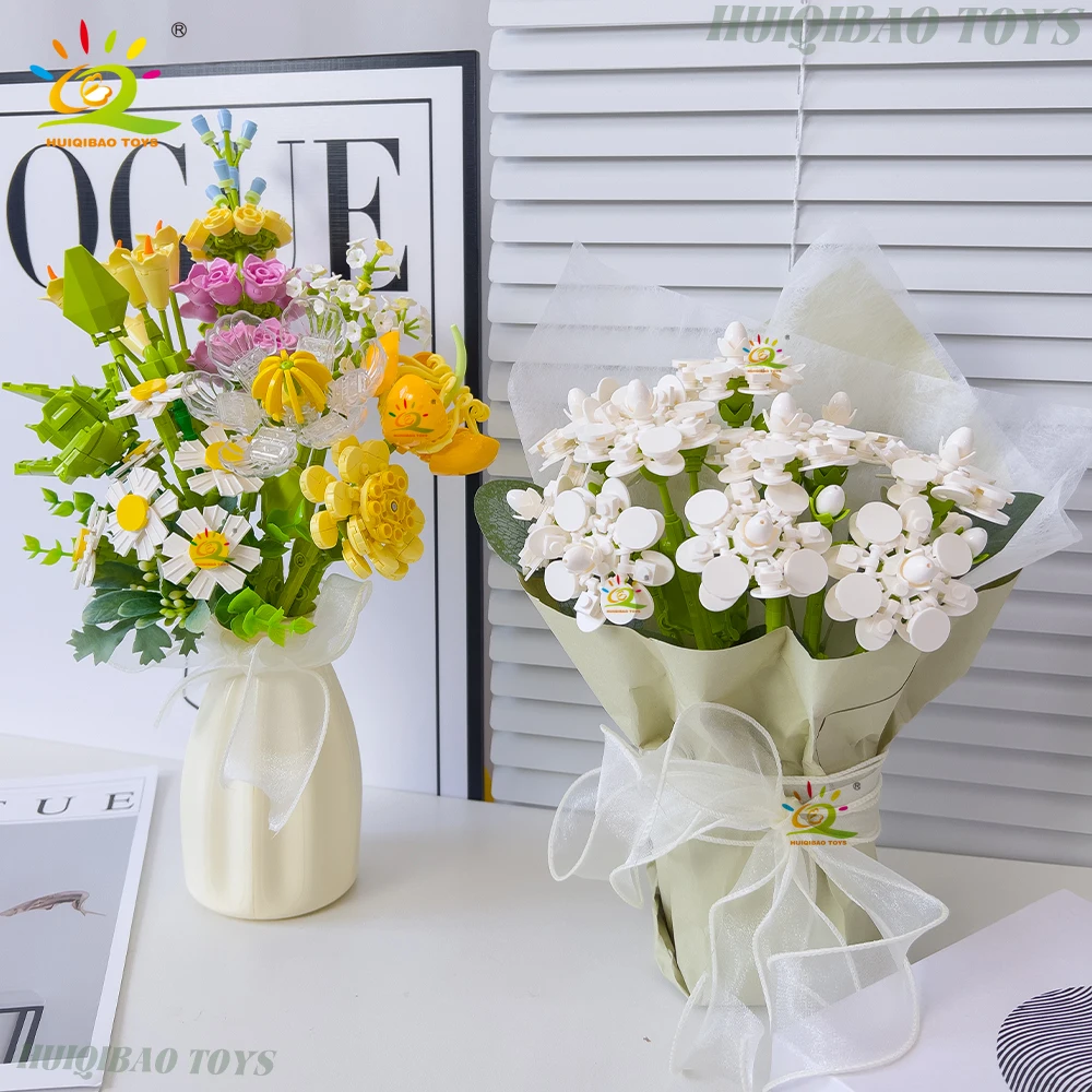 HUIQIBAO MOC Bridal Bouquet Building Blocks Set Artificial Flowers for Home Decor New Year Festival Gift Bricks Kits Toys Adult