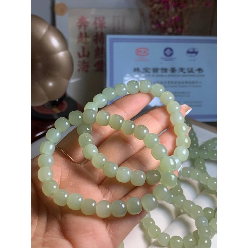 Natural Hetian Jade Qinghai Material*8 Old Type Beads Bracelet Sunny Color