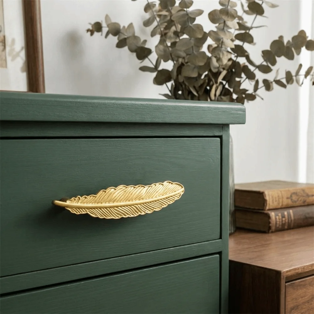 1pc/2pcs Solid Brass Cabinet Pull Handle Minimalist Design Feather Shape Drawer Knob Stable Structure Polished Surface