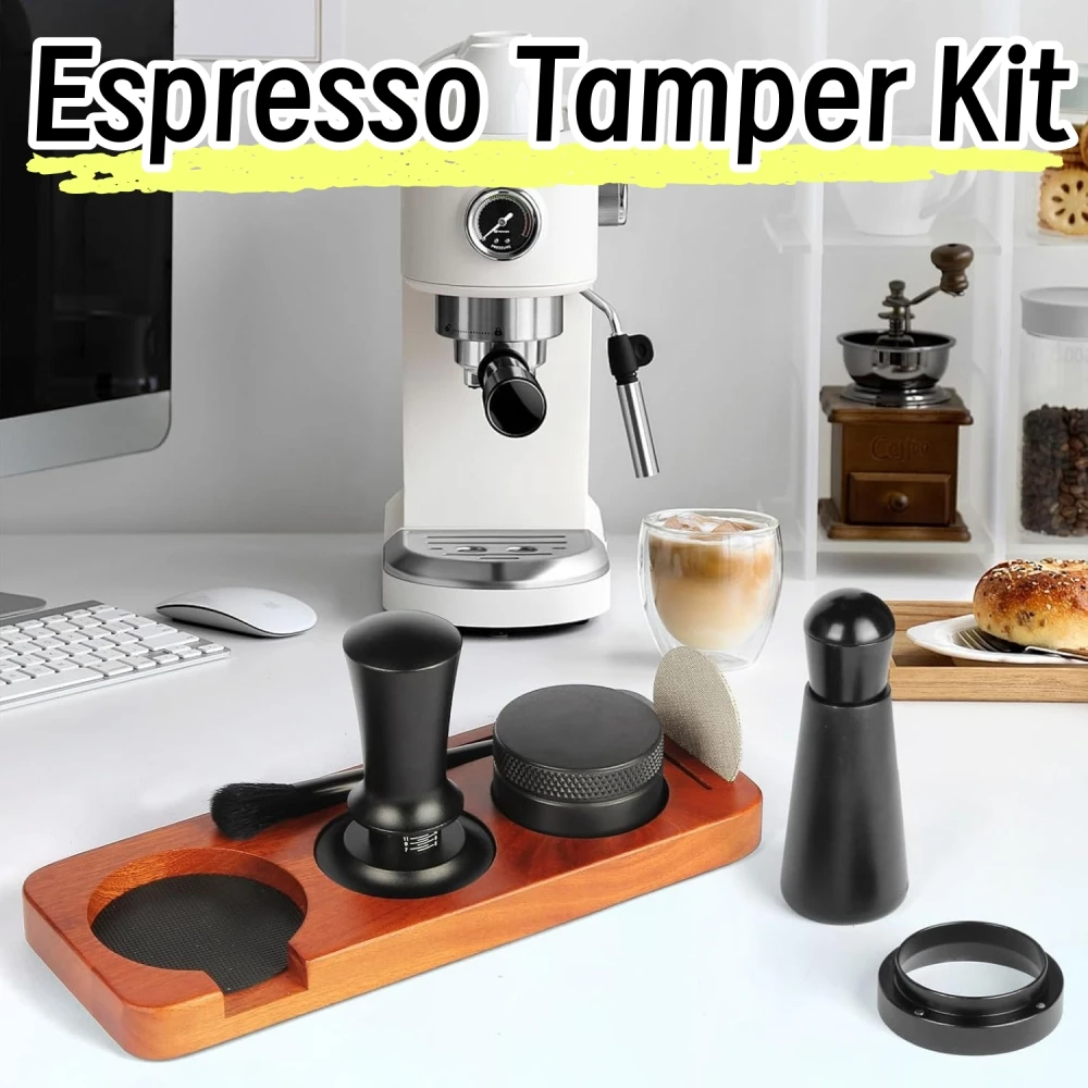 Complete Espresso Coffee Tamper Kit with Solid Wood Base Coffee Filter Barista Tools Ideal for Home Office Daily Coffee Making