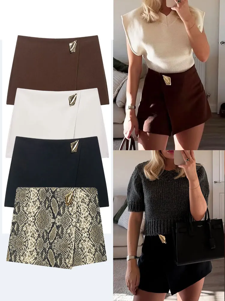 HH 2025 Musim Gugur Busana Wanita Kulot Asimetris Pinggang Tinggi Model A-line Ritsleting Samping Aplikasi Logam Celana Rok Solid Elegan